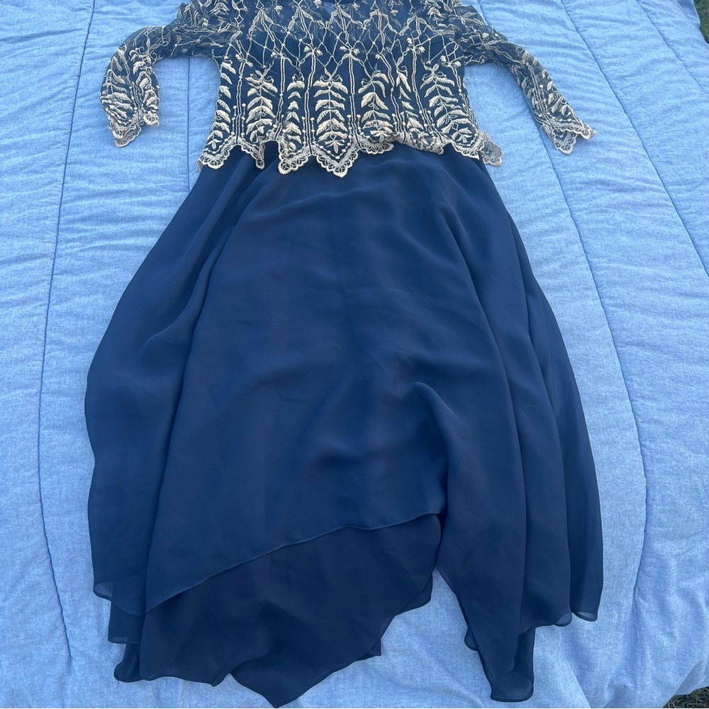 Cache Bari Pascale Navy/Gold Mother of Bride Tea Length Lace Top Dress Size 14